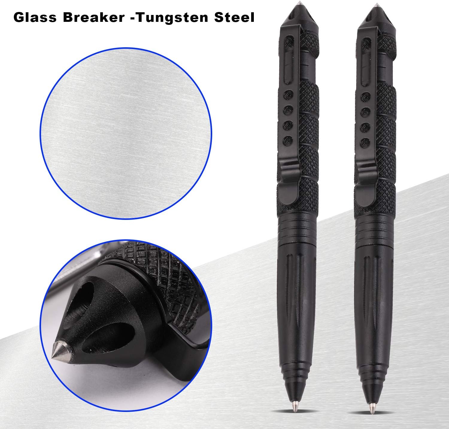 2 Pack Military Tactical Pen Set with 6 Black Ballpoint Refills for Writing, Made of Tungsten Steel  Aluminum (Black, Pack of 2)