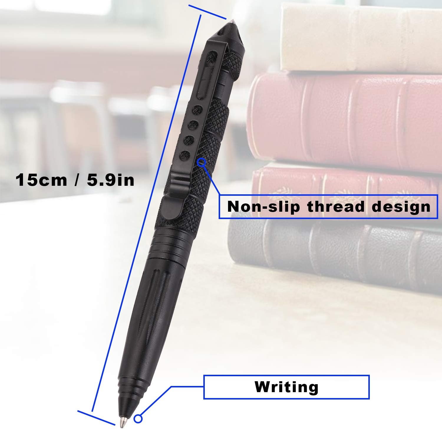 2 Pack Military Tactical Pen Set with 6 Black Ballpoint Refills for Writing, Made of Tungsten Steel  Aluminum (Black, Pack of 2)