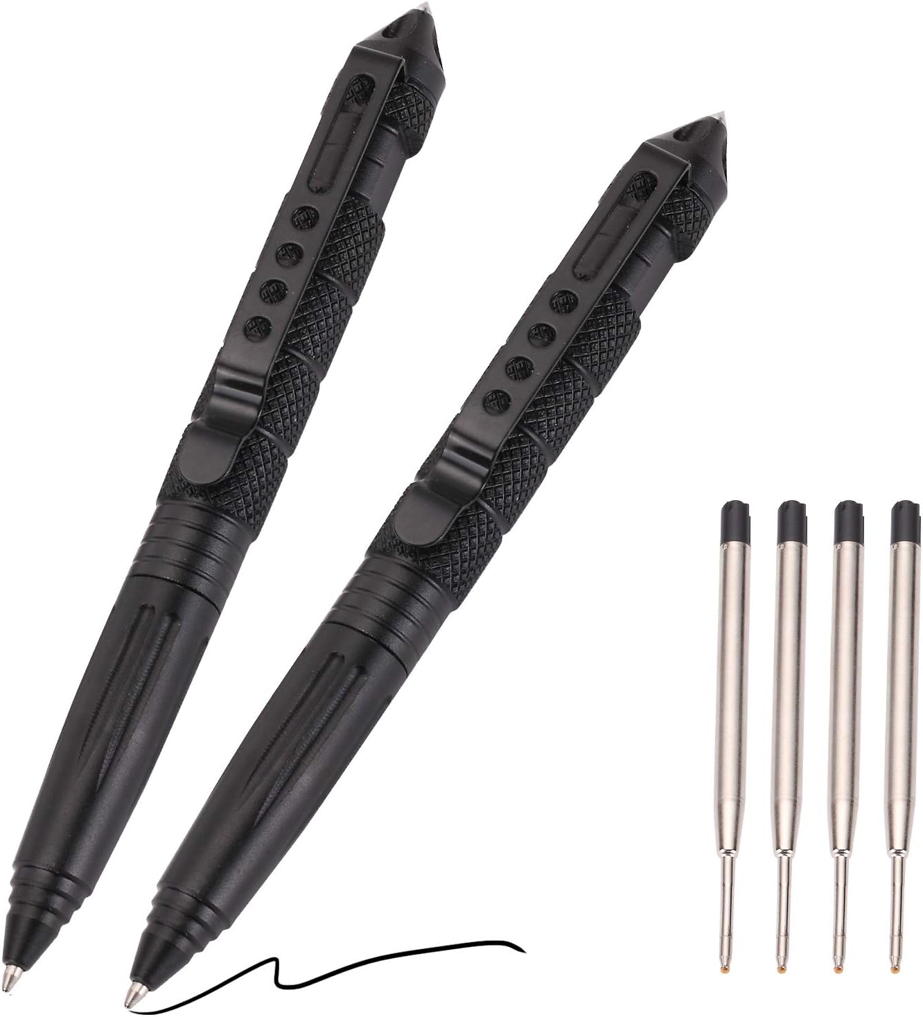 2 Pack Military Tactical Pen Set with 6 Black Ballpoint Refills for Writing, Made of Tungsten Steel  Aluminum (Black, Pack of 2)