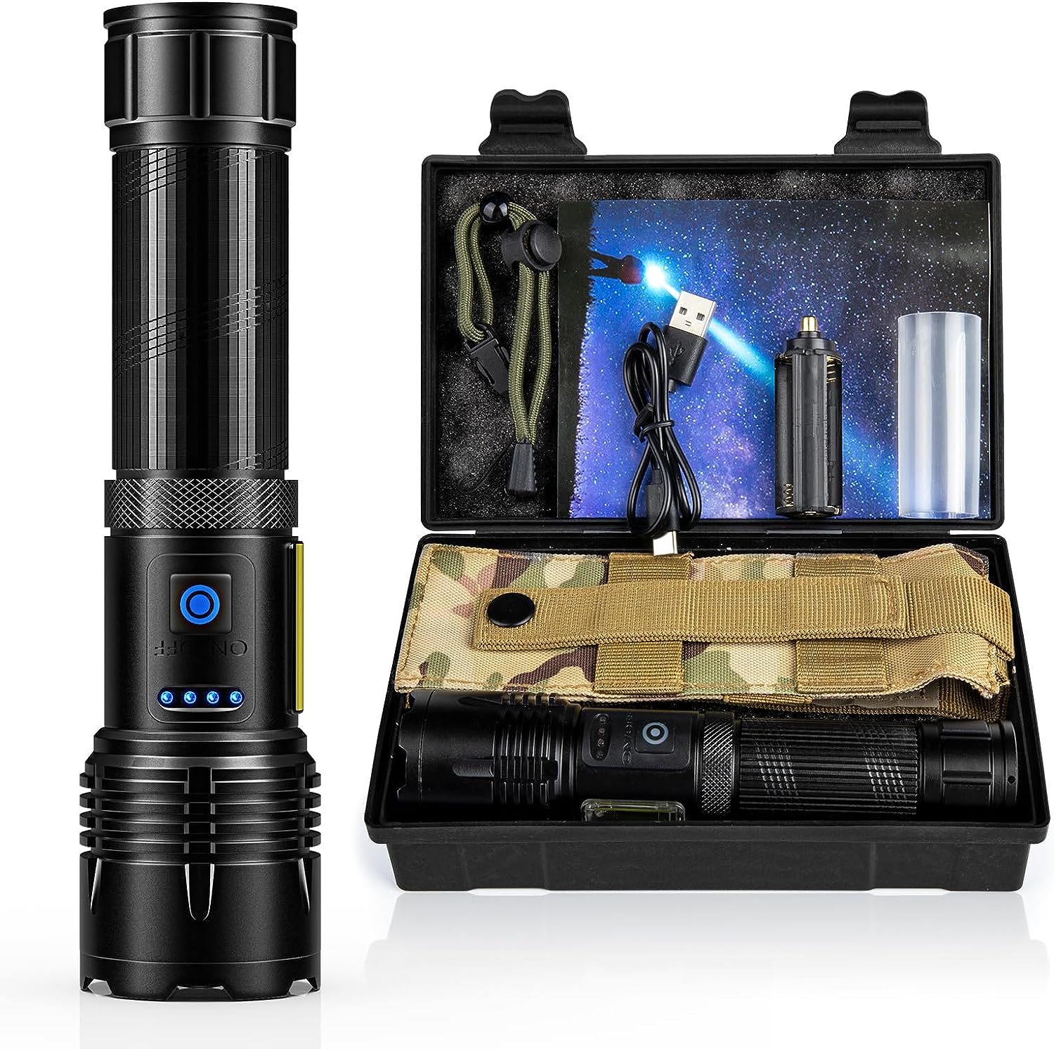 ALSTU Flash Light Flashlight High Lumens Rechargeable: 250,000 Lumen Super Bright LED Flashlights, Powerful Tactical Flashlights, 7 Modes with COB Light, IPX6 Waterproof for Camping, Emergencies