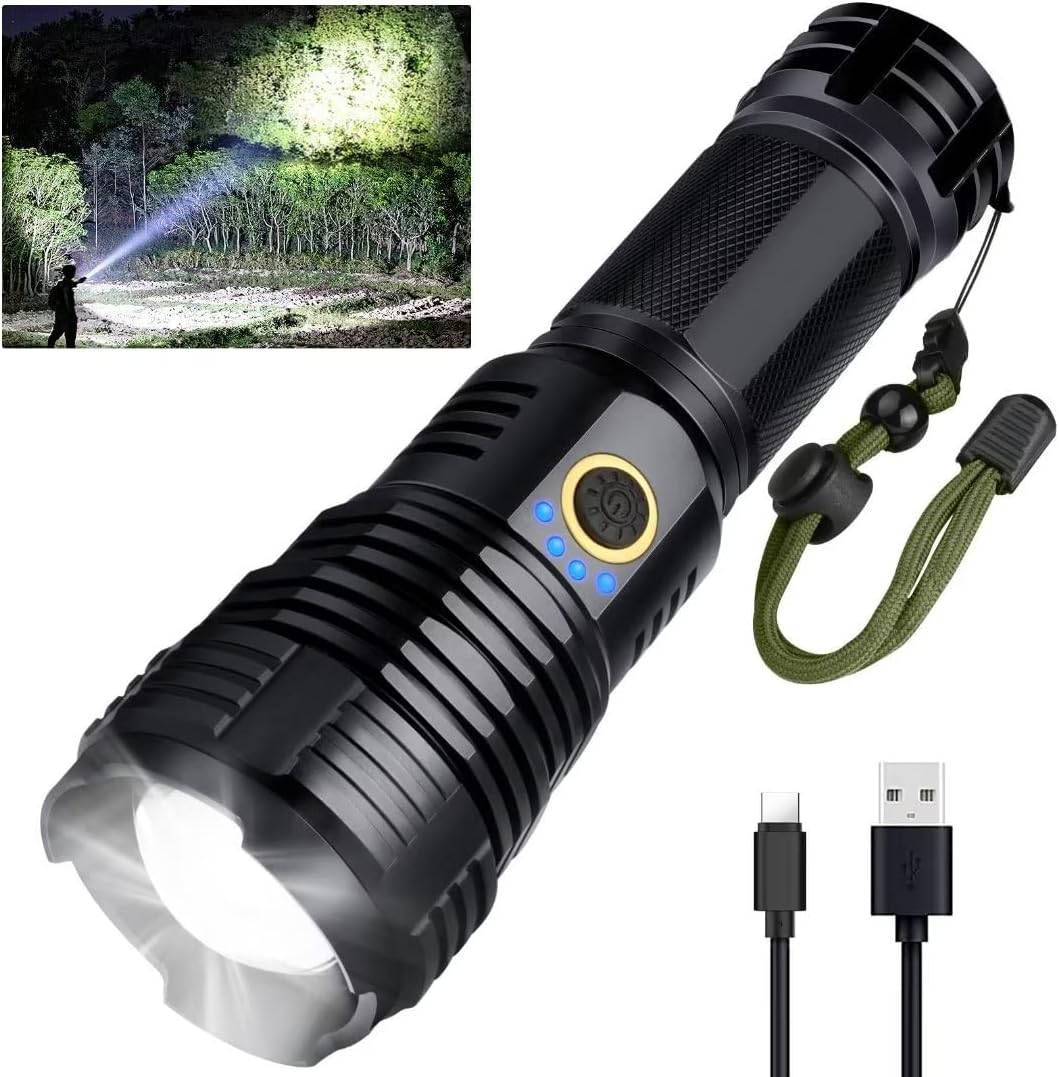 BengMxj Rechargeable LED Flashlights, 900000 High Lumens Flashlight, XHP70 Tactical Flashlight with Zoomable, 5 Modes, Super Bright Waterproof Flashlights for Emergencies, Camping, Hiking