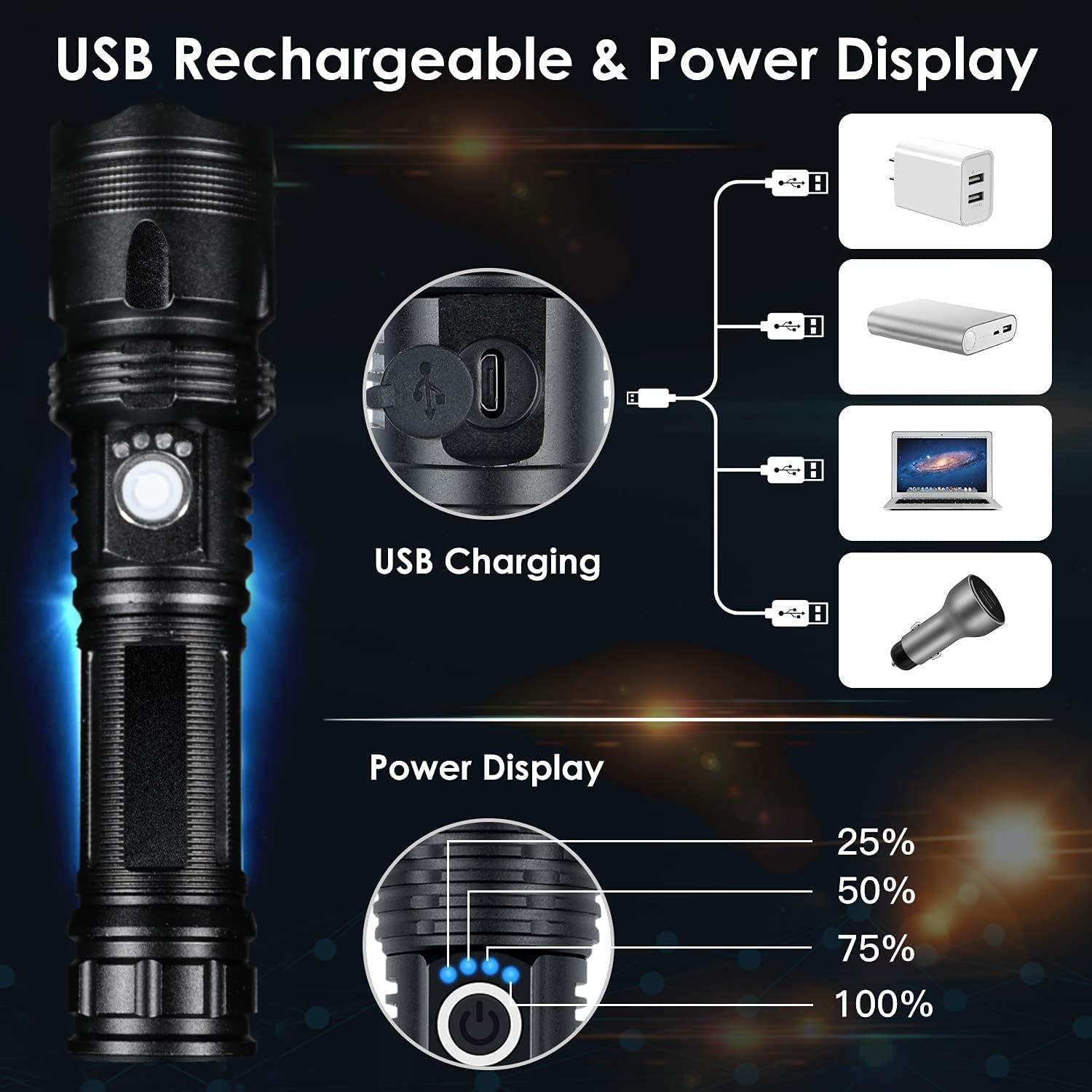 BERCOL Rechargeable LED Flashlights High Lumens, 200000 Lumens Super Bright Powerful Flashlights, 5 Modes, Waterproof Flashlight for Emergencies, Hiking