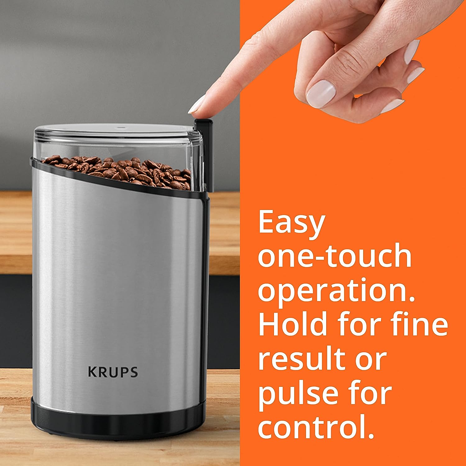 Krups One-Touch Stainless Steel Coffee and Spice Grinder 12 Cup Easy to Use, One Touch Operation 200 Watts Coffee, Espresso, French Press, Pour Over, Spices, Dry Herbs, Nuts Silver