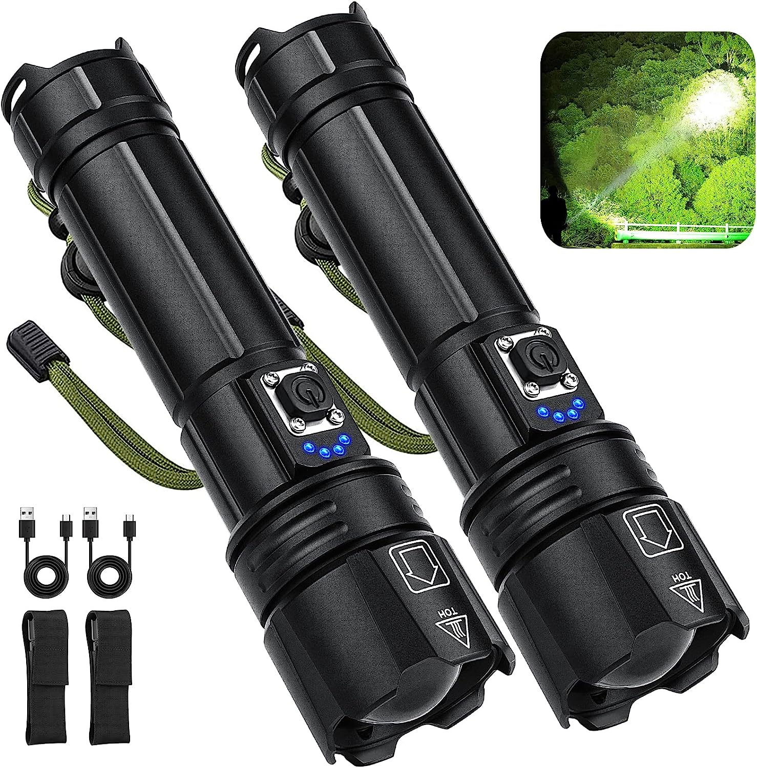 Led Brightest Flashlights High Lumens Rechargeable, 200,000 Lumens Super Bright Flashlight High Powered Flashlights, Waterproof Flash Light with Cases for Emergency Camping (2PCS)