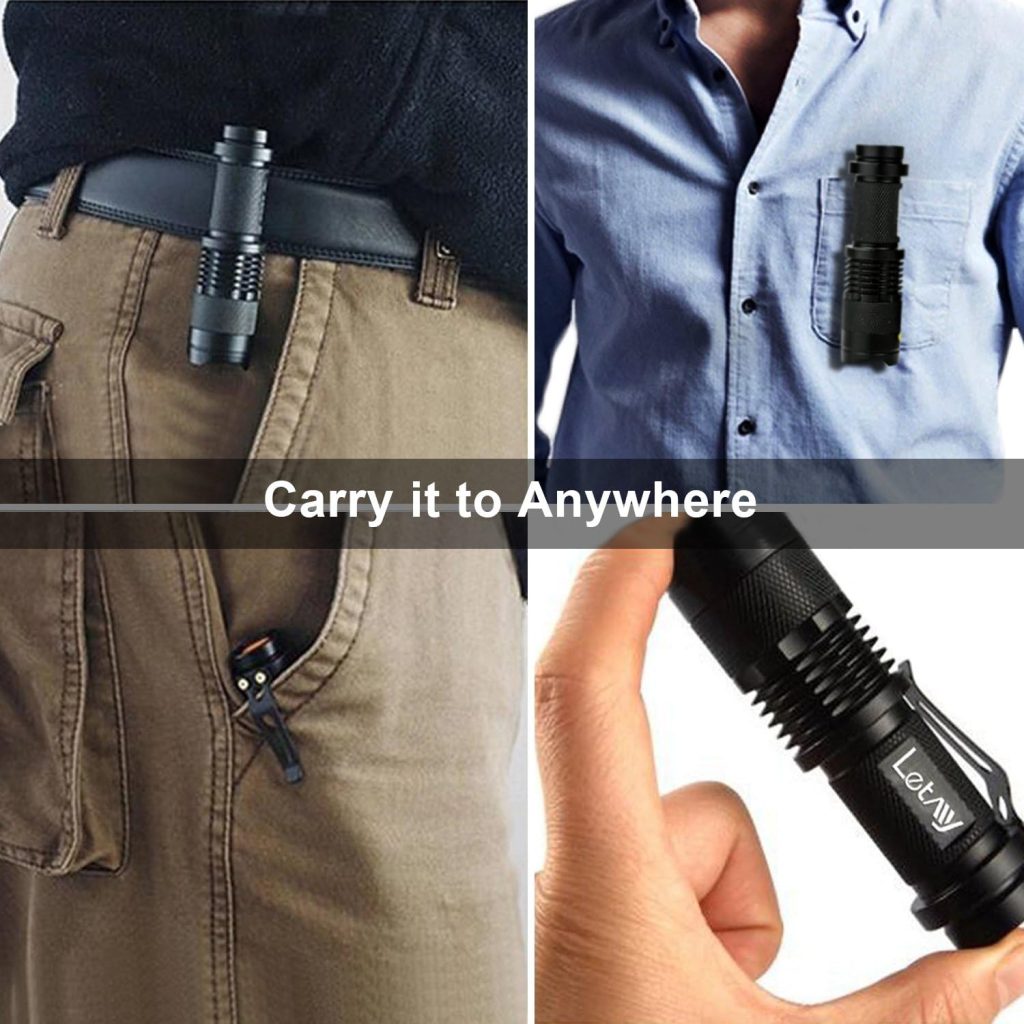 LETMY Tactical Flashlight, Super Bright LED Mini Flashlights with Belt Clip, Zoomable, 3 Modes, Waterproof - Best EDC Flashlight for Gift, Hiking, Camping, Hurricane Power Outage (4 Pack)