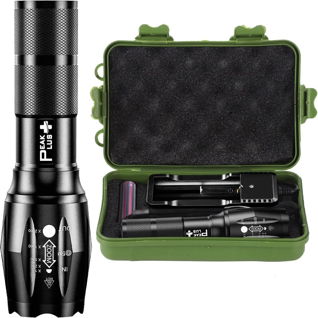 PeakPlus Rechargeable Tactical Flashlight LFX1000 (Rechargeable Battery and Charger Included) - High Lumens LED, Super Bright, Zoomable, 5 Modes, Water Resistant - Best Camping, Emergency Flashlights