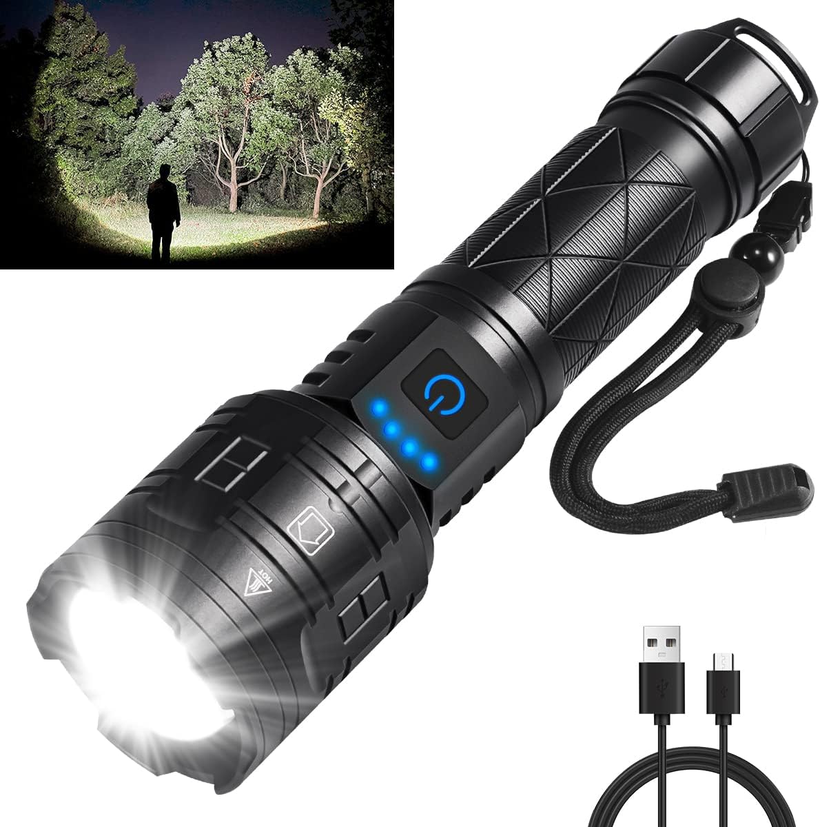 Rechargeable Flashlights High lumens, 250000LM Powerful Tactical Flashlights, 5 Modes LED Flashlight Zoomable, Brightest Flashlight Waterproof, Handheld Flash light for Emergencies, Camping, Hiking