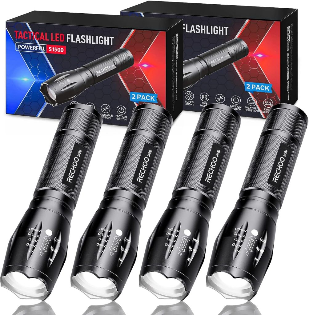 RECHOO Tactical Flashlights 4 Pack, Bright Zoomable LED Flashlights with High Lumens and 5 Modes, Waterproof Portable Pocket Flash Light for Emergency, Camping, and Outdoor Use - S1500