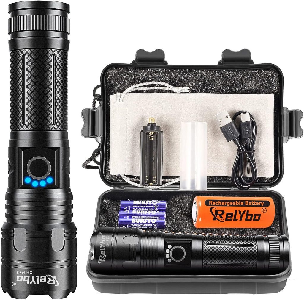 Relybo Flashlights High Lumens, LED Flashlight Rechargeable Super Bright 20000 Lumens XHP70.2, High Power Tactical Flashlights, Powerful Handheld Emergency Flashlight for Camping Hiking Gift
