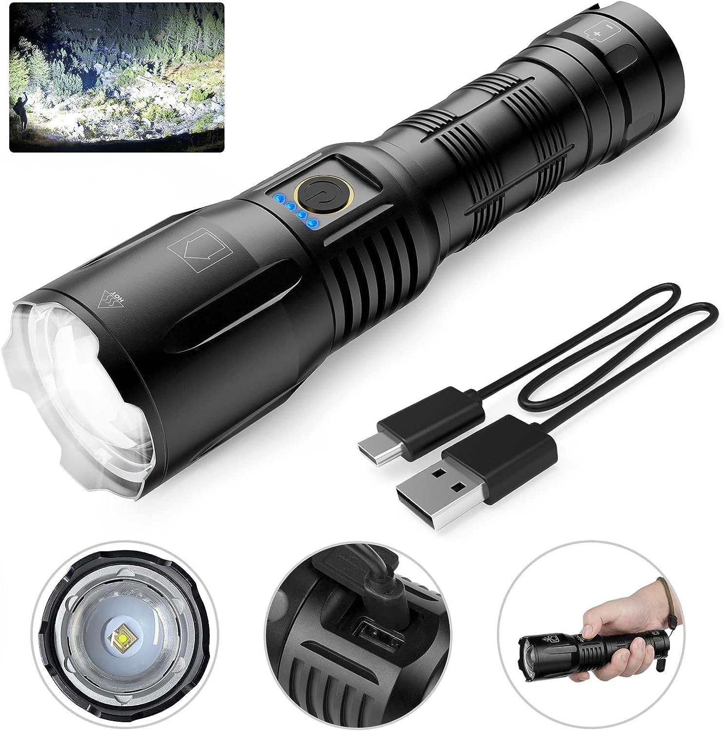 SKNSL Flashlights High Lumens Rechargeable - 250000 Lumen High Power Flashlight, 5 Modes with Long Runtime, IPX6 Waterproof, High Powered Flash Light for Camping, Outdoors