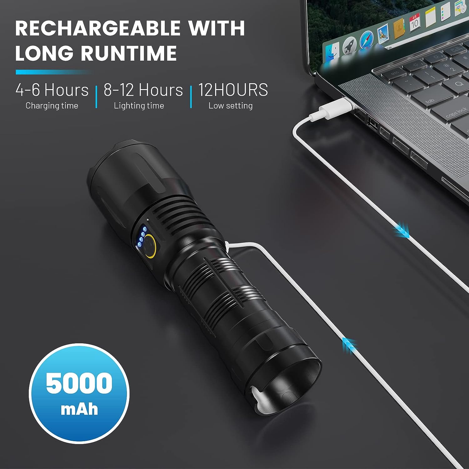 SKNSL Flashlights High Lumens Rechargeable - 250000 Lumen High Power Flashlight, 5 Modes with Long Runtime, IPX6 Waterproof, High Powered Flash Light for Camping, Outdoors