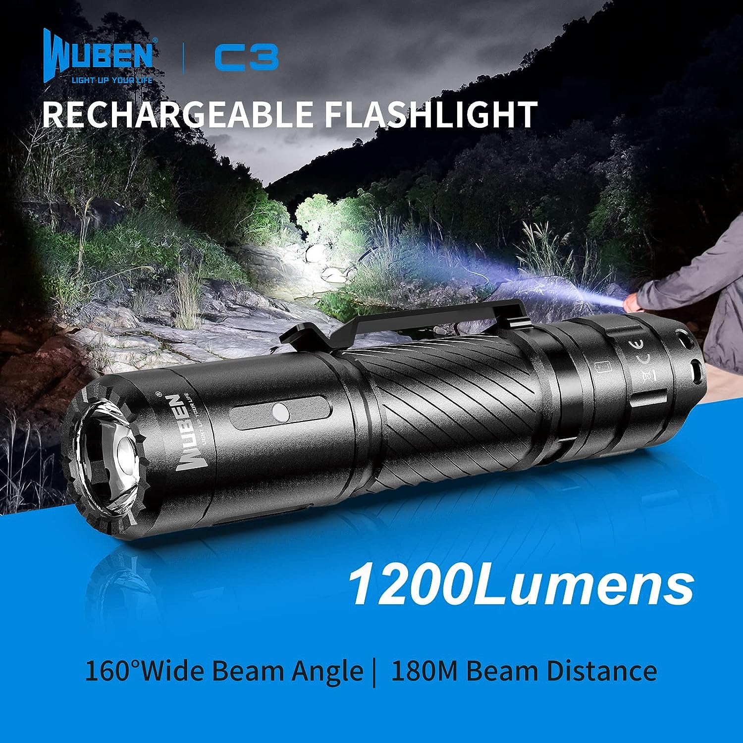 WUBEN C3 Flashlight 1200 High Lumens Rechargeable Flashlights 6 Modes Super Bright LED Tactical Flashlight IP68 Pocket EDC Flash Light for Camping, Emergency, Rescue, Hunting, Inspection, Repair