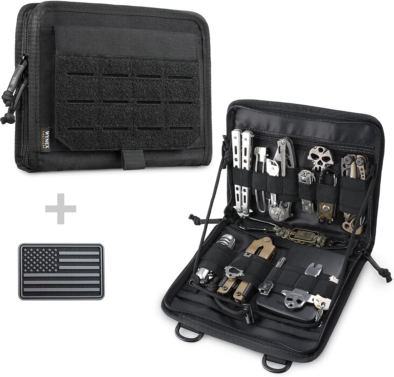 WYNEX Tactical Folding Admin Pouch, Molle Tool Bag of Laser-Cut Design, Utility Organizer EDC Medical Bag Modular Pouches Tactical Attachment Waist Pouch Include U.S Patch